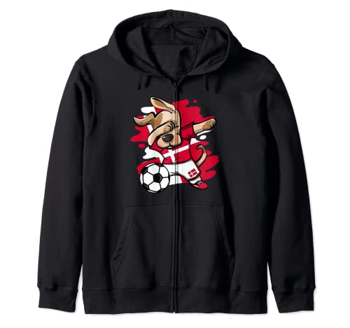 Dabbing Dog Denmark Soccer Fans Jersey Danish Flag Football Zip Hoodie, Black