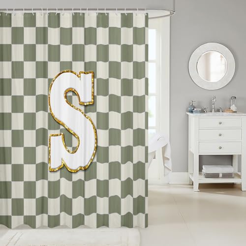 Image of Erosebridal Sage Green Checkered Shower Curtain 72 inch Wx72 L Plaid Initial S Bathroom Curtain Personalized Monogram Bathroom Accessories for Kids Adults,Fashion Grids Gingham Shower Decor