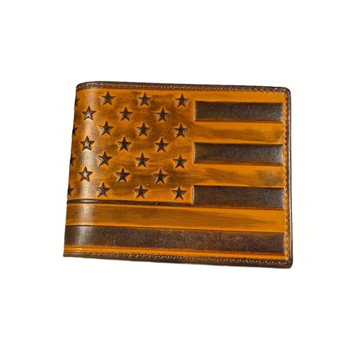 American Flag Embossed Genuine Leather Men's Wallet Vintage Western Cowboy Cowgirl Full Grain Leather Bifold Short Wallet With ID Windows,Perfect Unique Gift for men husband (Brown)