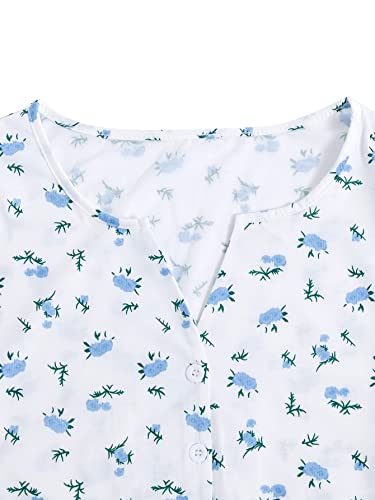 Verdusa Women's 2 Piece Lightweight Cute Pajamas Short Sleeve Ditsy Floral Button Loungewear Matching Pj Sets Blue Medium3