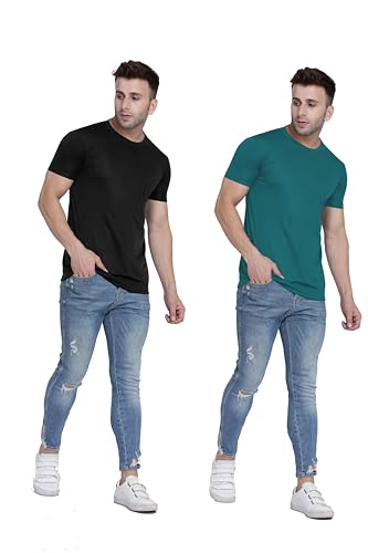 Image of TQH Men Dri Fit Polyester Half Sleeve Round Neck Multicolor t Shirts - Combo Set of 2