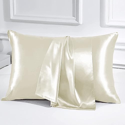 Image of Luxury Silk Satin Pillow Cover Standard Size 18 x 28 - Romantic Pillow Cover Set for Bedroom | Bridal Wedding Soft Luxury Bedding | Ivory, Pillow Covers (18 x 28)