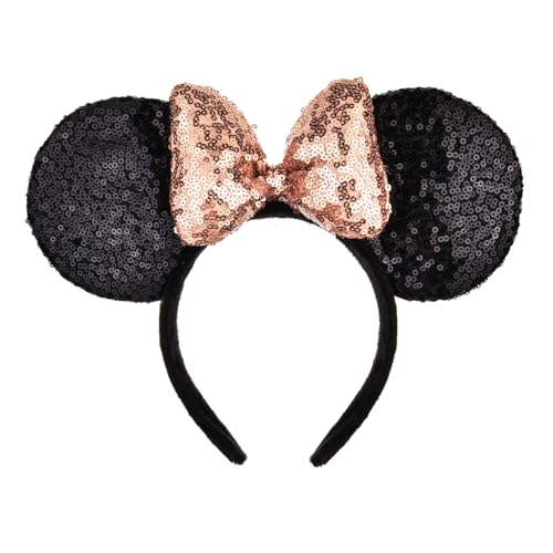 A Miaow 3D Black Mouse Sequin Ears Headband MM Glitter Butterfly Hair Clasp Park Supply Adults Women Photo Accessory (Black and Champagne)