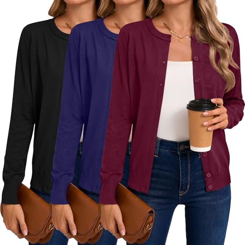 Riyiper 3 Pack Women's Lightweight Cardigans, Long Sleeve Crewneck Knit Cardigan Sweaters Casual Button Down Stretch Tops3