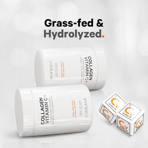 Codeage Collagen Peptides Powder + Vitamin C - 20g Grass-Fed Collagen Per Serving - Digestive Enzymes, Hyaluronic Acid, 18 Amino Acids - Hydrolyzed Collagen Protein - Non-GMO, Unflavored - 9.98 oz