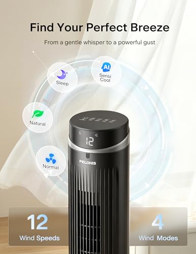 Image of PELONIS 42-Inch Tower Fan with 90 Oscillation, DC Motor Standing Fan with Remote Control & LED Display, 12 Speeds & 24H Timer, Quiet Cooling Fan for Bedroom Home Office