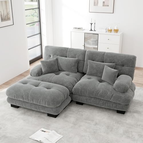 Canapé d'angle moderne de 220 cm, grand canapé convertible 2 places en L avec pouf pour salon, canapé d'angle modulable profond avec structure en bois...