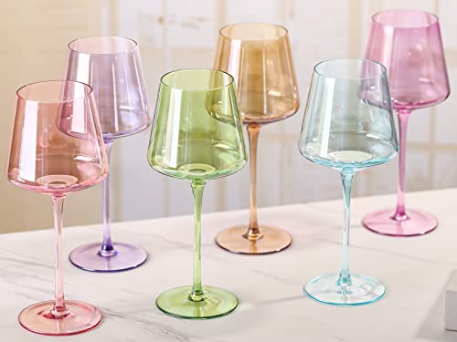 Physkoa Colored Wine Glasses Set Of 6-16Oz Multi Colored Square Wine Glasses With Tall Long Stems And Flat Bottom,Crystal Colorful Wine Glasses-Unique Gifts For Wine Lovers,Wedding,Engagement Gifts #TOP1