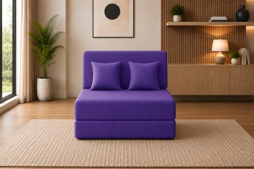 Image of Sofa Cum Bed with Jute Fabric, Convertible One Seater Sofa Bed 3x6 Ft, Comfortable Cushioned Seating, Space Saving Design for Living Room, Bedroom & Guest Room - Purple Color