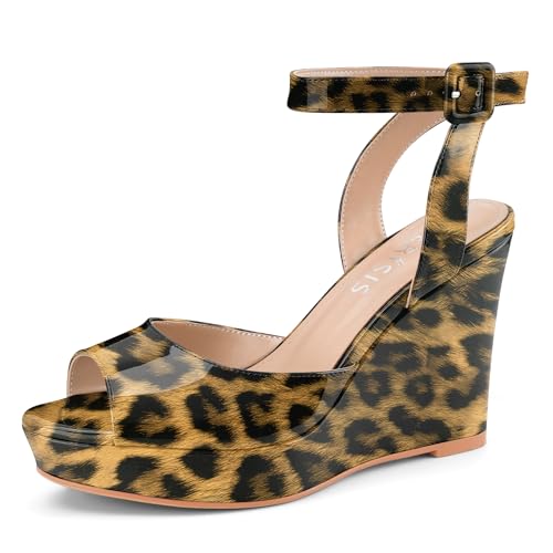 Image of Women's Dressy Platform Wedge Sandals Gold Wedges Peep Toe Patent High Heels Slingback Heeled Comfortable Ankle Strap Shoes
