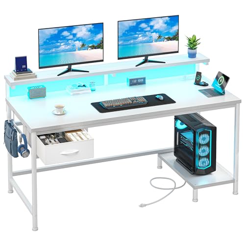 DurayLoly 39.3Inch Computer Desk with Power Outlet & Drawer,Gaming Desk with CPU Stand& LED Lights,Corner Office Desk with Ergonomic Monitor Stand for Home Work, Study and Gaming, Small Spaces,White