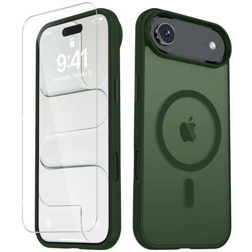 Image of YENAPOON for iPhone Air Case, Matte Magnetic Phone Cover [with 1 Screen Protector] [Support for MagSafe] [Shockproof Military Grade Protection] Translucent Frosted Back, Sage Green