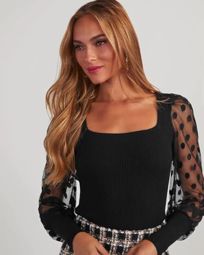 Image of miduo Womens Tops Square Neck Polka Dot Balloon Long Sleeve Top Shirts Slim Knit Ribbed Tops Blouses