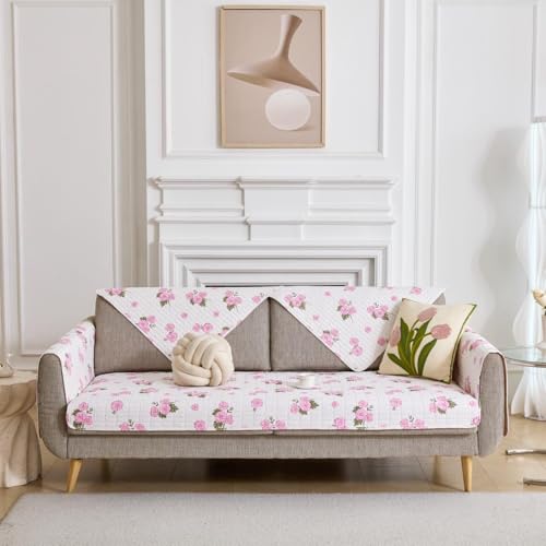 Image of HOMETHREADS Anti-Skid Sofa Protector Mat: Premium Printed Cotton Slipcover with Strong PVC Non-Slip Backing, (White Pink, 2Pc Armrest Mat | 50x75cm)