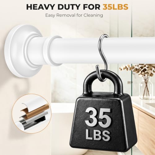 Image of Heavy Duty White Shower Curtain Rod 30-100 In AdjustableTension Curtain Rod | No Drilling for Windows Bathroom Outdoor Closet 1.1 inch Dia Spring Stainless Steel Rustproof Anti-Slip Easy Installation