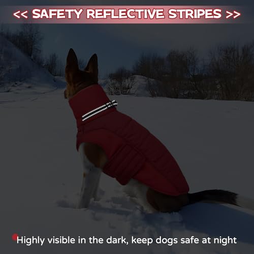 Image of BRKURLEG Dog Winter Coat with Harness Built in, Warm Jacket for Small Medium and Large Dogs, Windproof Turtleneck Fleece Dogs Snowsuit with Hook & Loop, Reflective Christmas Dog Jacket, Red XS