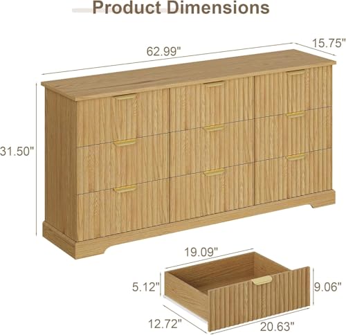 Image of Wooden 9 Drawer Dresser for Bedroom, Fluted Dresser with Storage and Metal Handle, Modern Chest of Drawers for Living Room, Entryway, Natural Oak