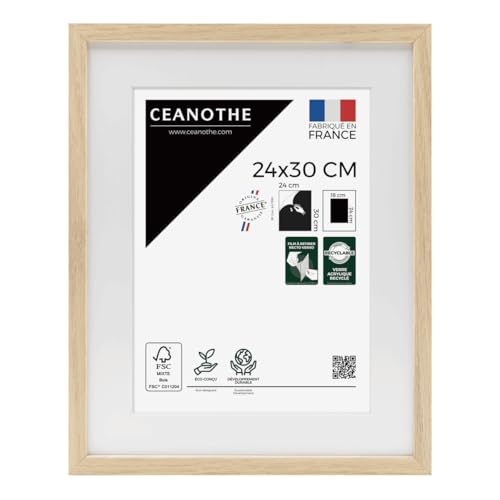 Ceanothe Cadre Photo Bois Chêne 24x30 cm avec Passe-Partout 18x24 cm - Bois Naturel FSC pour Diplôme Certificat et A4 - Verre acrylique Incassable Collection...