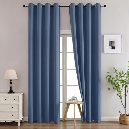 Image of Simplebrand Denim Curtains for Bedroom Living Room 96 Inches Long 2 Panels Set, Room Darkening Thermal Insulated Curtains & Drapes, Solid Grommet Noise Reducing Window Treatment, W50 x L96 Inch