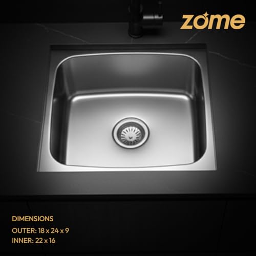 Image of ZOME Indo Premium Kitchen Sink (24 X 18 Inches) | Stainless Steel Single Bowl, Heavy Duty, Anti-Rust, Sound-Dampening Sink for Modern Kitchens | Easy Clean, Perfect for Daily Use