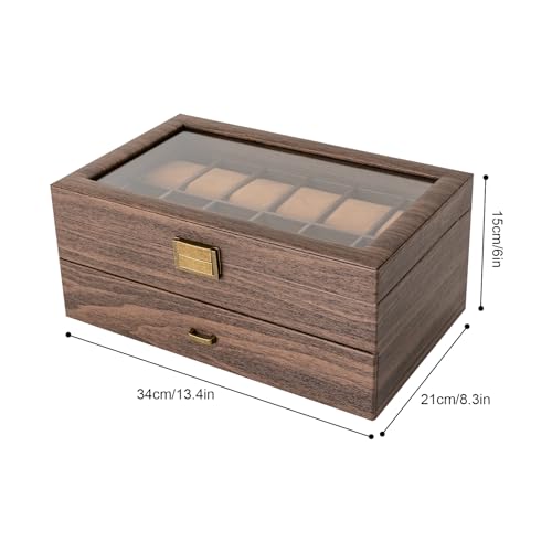Caja de reloj con 24 ranuras, almacenamiento de madera de 2 niveles con parte superior de cristal para joyas y accesorios, organizador para hombres