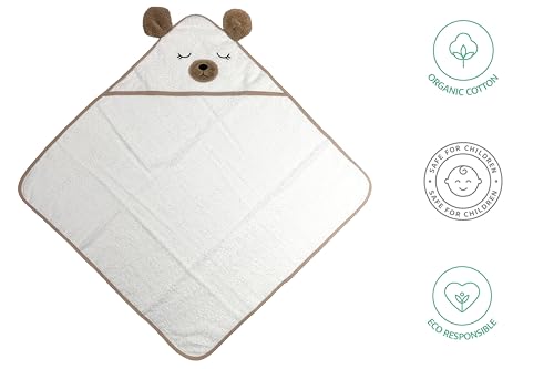 Image of Organic Baby Hooded Bath Towel 30x30 Inch - 100% Organic Cotton, 380 GSM Soft & Absorbent Newborn Towel with Embroidered Hood, (Bear)
