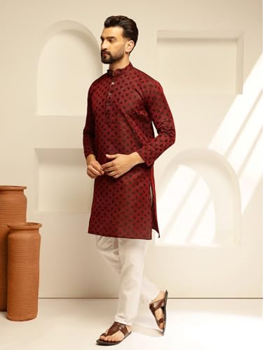 Image of SOJANYA (Since 1958 Men's Jacquard Silk Contrast Red Thread Woven Design Kurta With Pyjama