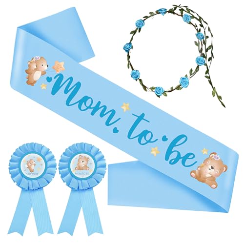 4pcs Bear Theme Mom to Be Sash baby shower Dad to Be Pin and blue Flower Crown for Gender Reveal Party Baby Shower Decorations for boys Pregnancy Props Keepsake Gifts