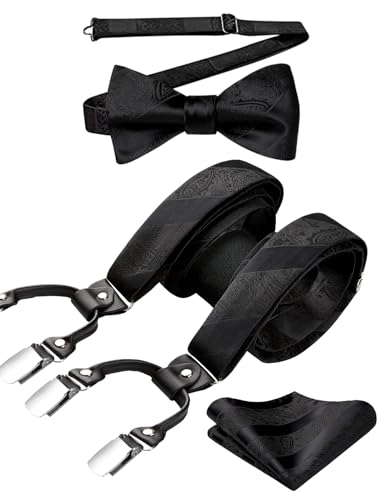Image of HISDERN Suspenders for Men Paisley Floral Bow tie Suspender Pocket Square Sets Adjustable Y Shape 6 Clips Wedding Braces