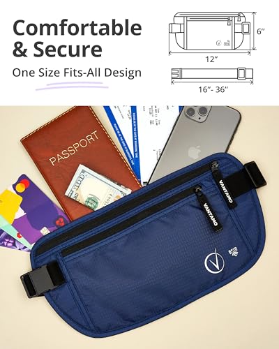 Image of Vantamo Money Belt with RFID For Men & Women, Hidden Passport Holder for Travel, 2 Compartment Travel Fanny Pack for Women Anti Theft