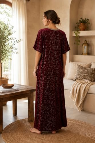 Image of Pure Cotton Hand Embroidery Nighty for Woman | Floral Gown for Women Nightwear Nighty for Women Stylish Maxi for Women Cotton - Free Size Maroon