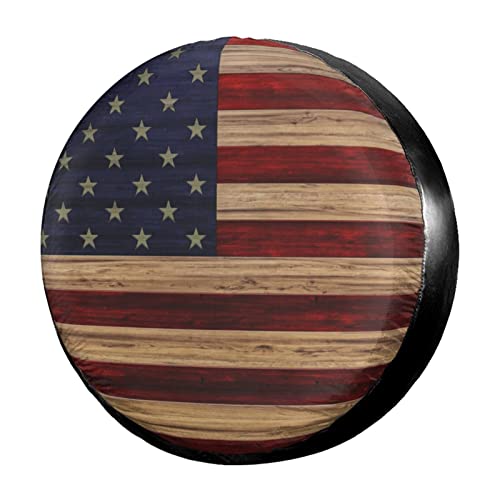 Image of American Flag Reclaimed Wood Spare Tire Cover Dust-Proof Wheel Tire Cover Fit Trailer, RV, SUV and Many Vehicle 15 Inch