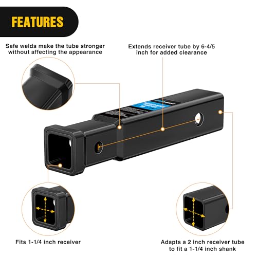 Image of Nilight Trailer Hitch Receiver Extender Adapter Reducer 2 to 1-1 /4 Inch Hitch Adapter 6-4 /5 inch Extension Sleeve Convertor 350Lbs with 1 /2-Inch Diameter Pin and Clip with 5 /8-Inch Adapter