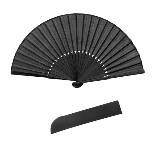 Quacc Black Folding Hand Held Fan Light Strong Thin Fabric Chinese Handheld Tai Ji Fan for Men and Women Wedding Dance Kungfu Martial Art Decorations Party Favor Gift