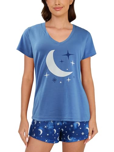 MyFav Women's Shorts Pyjama Set Short Sleeve Sleepwear Summer 2 Piece Nightwear Pjs,Blue Moon,XXL