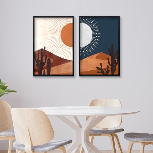 Sun and Moon Cactus Desert Landscape Wall Art Decor 24"x16" Modren Farmhouse Living Room Set of 2 Botanical Prints Wooden Framed Bedroom Boho Multicolor Minimal Wall Hanging Sign (Black) - Image 3
