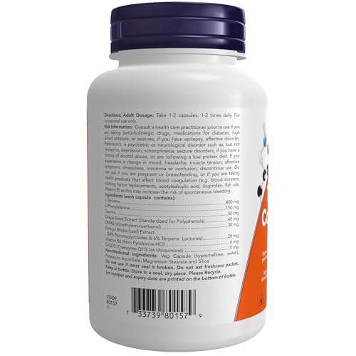 NOW Supplements, True Focus™ with Amino Acids, Ginkgo and DMAE + CoQ10 and Grape Seed Extract Capsules, 90 Count - Image 3