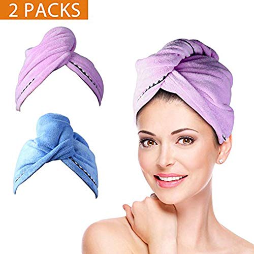 2 Pack Microfiber Hair Towel Wrap Turban Drying Bath Shower Head Towel with Buttons, Quick Magic Dryer, Rapid Dry Hair Hat, Wrapped Bath Cap(Grey and White)