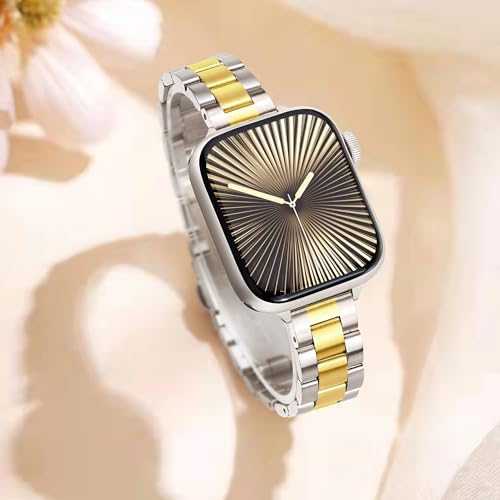 Image of Melyis Slim Metal Band Compatible with Apple Watch Bands for Women 46mm 44mm 45mm 42mm 49mm, Premium Stainless Steel iWatch Bands for Apple Watch Band Series 11 10 9 SE 8 7 6 5 4 3 2 Ultra-Starlight /Gold