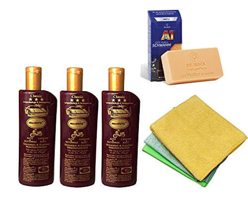 Preisvergleich Produktbild 3 Flaschen Autopolitur"MacBRITE" Classic = 1500ml + 3 ILODA® Microfasertücher + 1x Politurschwamm, Lackpflege, Lackschutz, Lackversiegelung