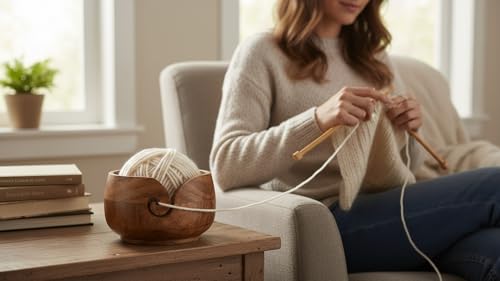Bol à laine en bois fait main, support tricot et crochet robuste - 5