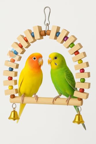 Image of Raindrops Wooden Swing with Colourful Beads for Bird Cages|Birds Stress Free Items|Cage Accessories|Wooden Ladder|Swing with Dotted Perch|Birds Chew Toy|Training aid Toy (Height 23.5cm-Pack of 2)