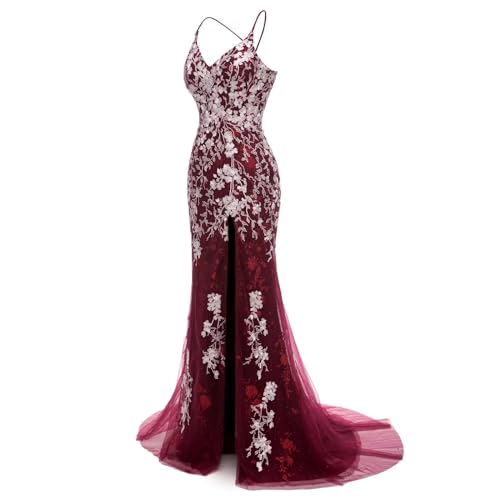 Image of Long Spaghetti Straps Tulle Mermiad Prom Dress V Neck Lace Appliques Formal Dress with Slit SF203