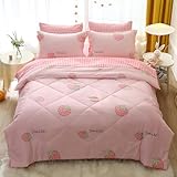 Jameswish Girls Pink Strawberry Comforter Set Full Size 7 Piece Bed in A Bag Light Pink Grid Bedding Set for Kids Teens Super Soft All Season