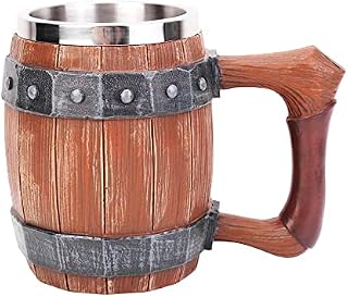 KTOTKMOTA Viking Wood Barrel Beer Mug, Stainless Steel Liner Resin Tankard, Medieval Nordic Viking Style Wooden Rivet Leather Wooden Stein, Beer Coffee Cola Juice Cup Men's Gift