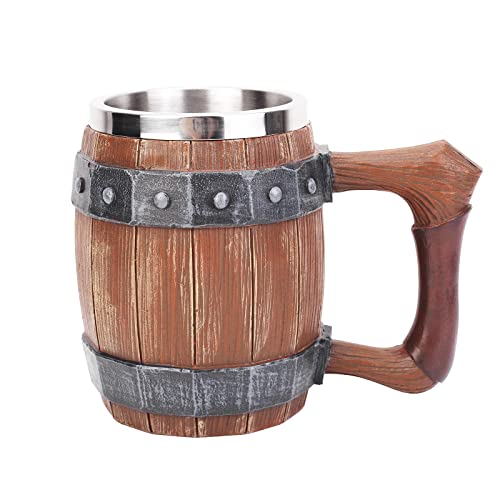 Ktotkmota Viking Wood Barrel Beer Mug, Stainless Steel Liner Resin Tankard, Medieval Nordic Viking Style Wooden Rivet Leather Wooden Stein, Beer Coffee Cola Juice Cup Men's Gift #TOP13