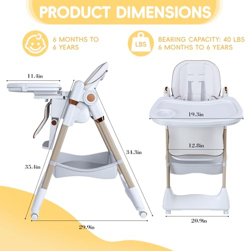 Image of Foldable Baby High Chair with 150 Swing & Recline,Convertible High Chairs for Babies and Toddlers,5 Height Levels,3 Backrest & Footrest Positions,Removable Double Tray,Lockable Wheels (White 1)