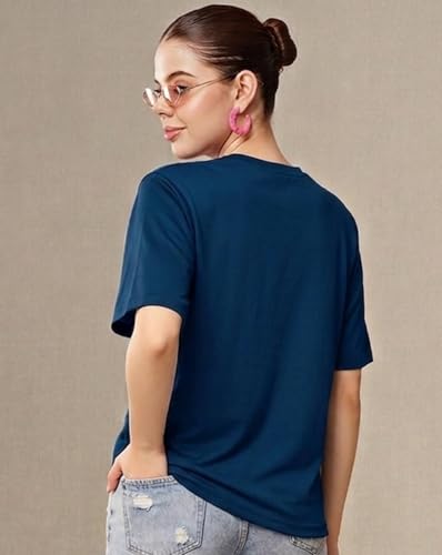 Image of Women's Typography Round Neck Cotton-Blend T-Shirts, Oversized Drop Shoulder Boho Style T-Shirt
