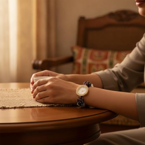 Image of ARKN Crystal Bracelet Watch for Women | Natural Gemstone Beaded Wrist Watch | Gold-Tone Dial with Rhinestone Bezel | Adjustable Fashion Jewellery Gift for Women & Girls