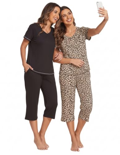 Image of Ekouaer 2 Pack Women's Capri Pajama Sets Short Sleeve Two-Piece Pjs V Neck Tops & Pants Printed Lounge Sets S-3XL